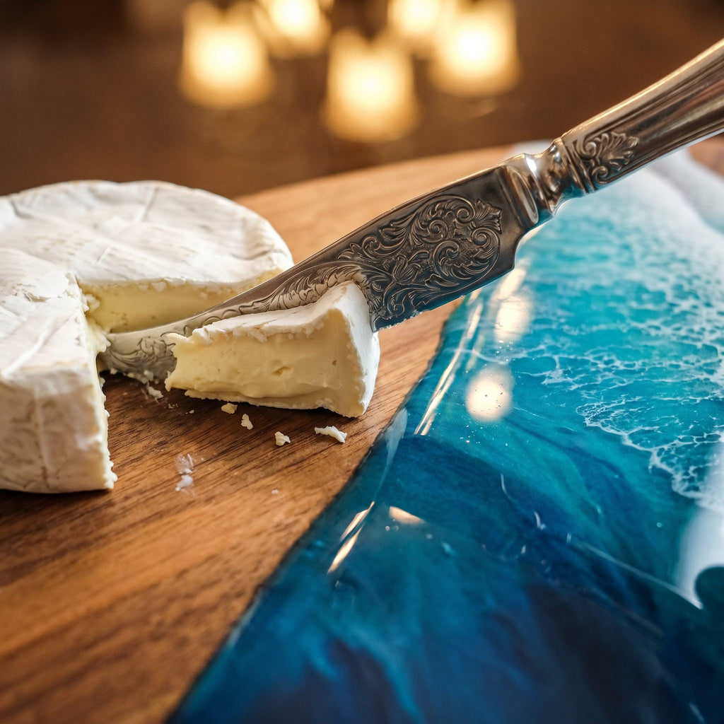 A silver-plated knife with an ornate handle rests on a wooden serving board featuring a blue resin inlay that mimics ocean waves. A round wheel of white brie cheese is partially sliced, with one wedge separated on the board surface.