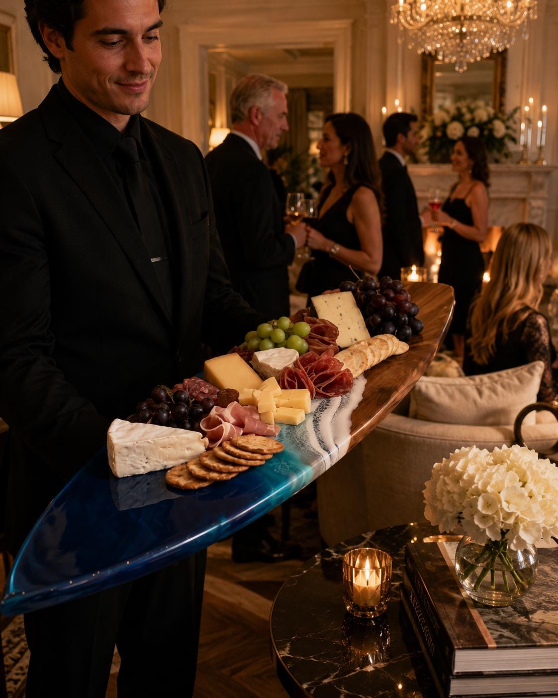 A long, surfboard-shaped wooden serving board featuring a deep blue and white resin wave design at one end. The board is arranged with an assortment of cheeses, cured meats, clusters of red and green grapes, and round crackers.
