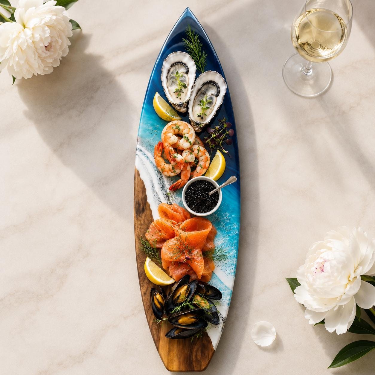 Ocean Resin Serving Board, Walnut Charcuterie Cheese Board, Surfboard Tray, Coastal Luxury Serveware, Housewarming Gift