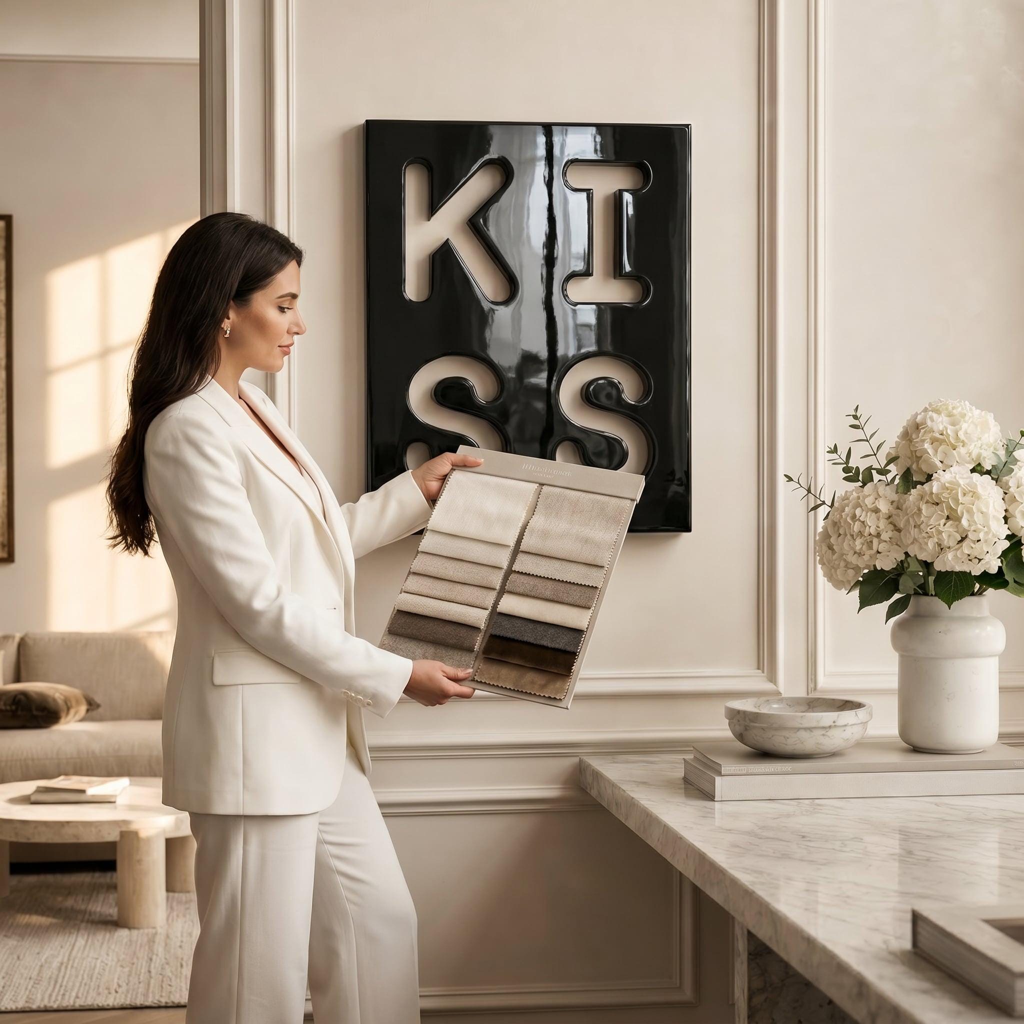 A fabric sample book featuring a range of neutral-toned swatches in shades of cream, beige, taupe, and brown, held open to display the various textures and colors available for selection in a professional interior design setting.
