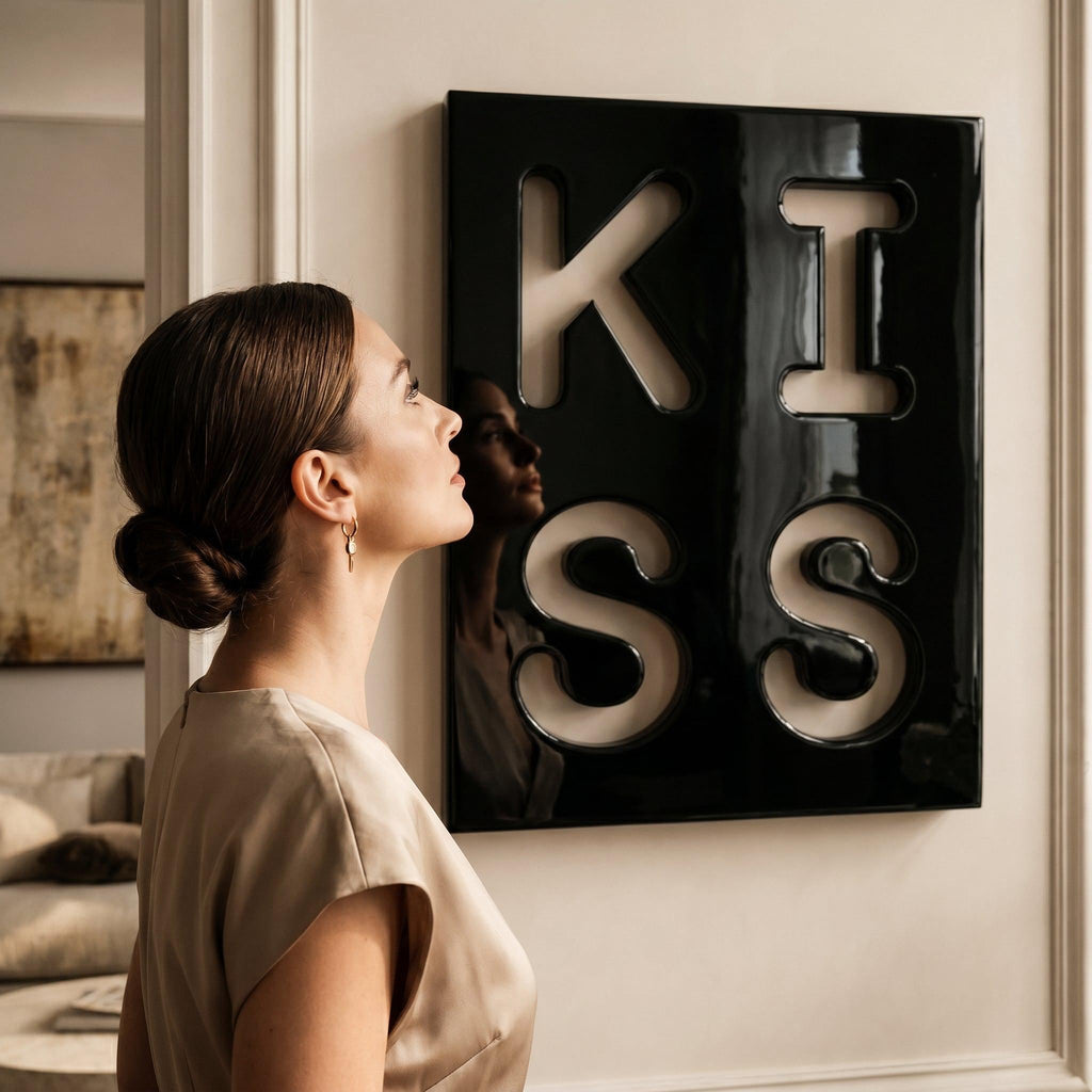 A square wall art piece featuring a glossy black surface with the word KISS cut out in large, bold, white-filled letters. The letters are arranged in a two-by-two grid, with K and I on top and S and S on the bottom.