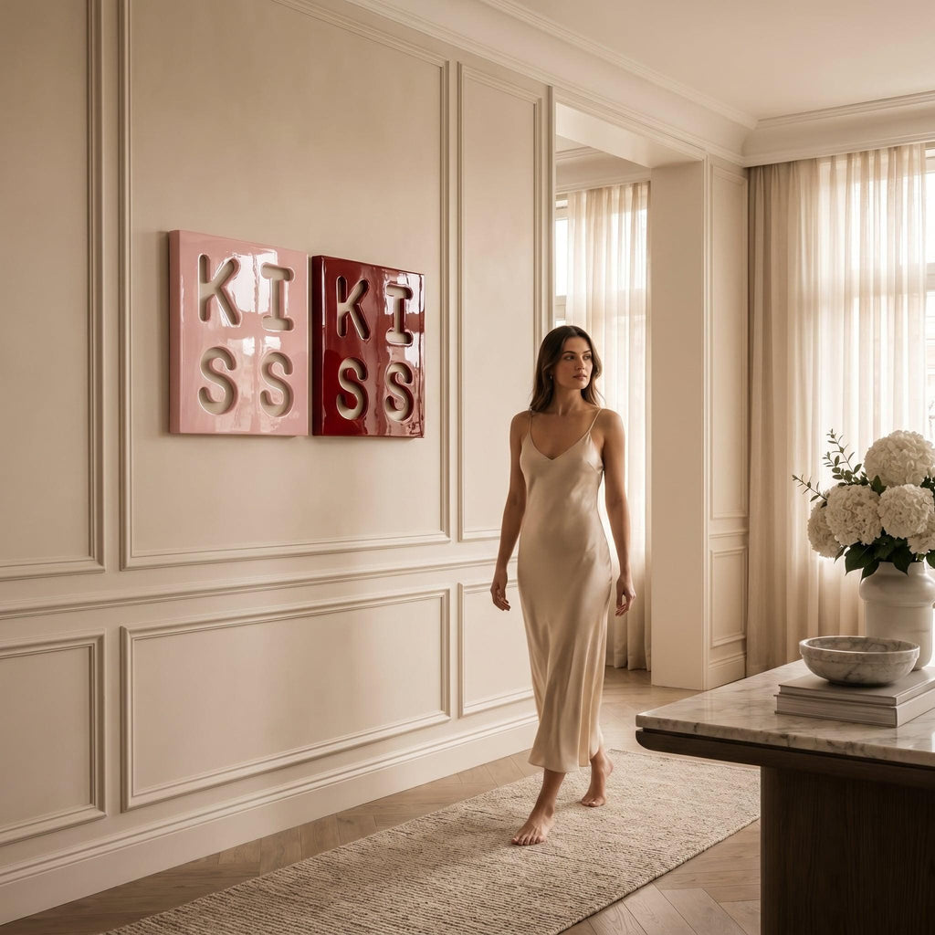 Two square wall art pieces featuring the word KISS in raised lettering. One piece is light pink and the other is deep red. The art is displayed on a paneled wall in a room with a beige slip dress, a marble table, and white flowers.