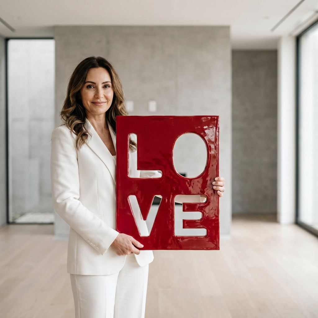 A rectangular, glossy, deep red sign featuring the word LOVE cut out in large, bold, white block letters. The sign has a smooth, reflective surface and is held upright, displaying the four letters arranged in a two-by-two grid format.