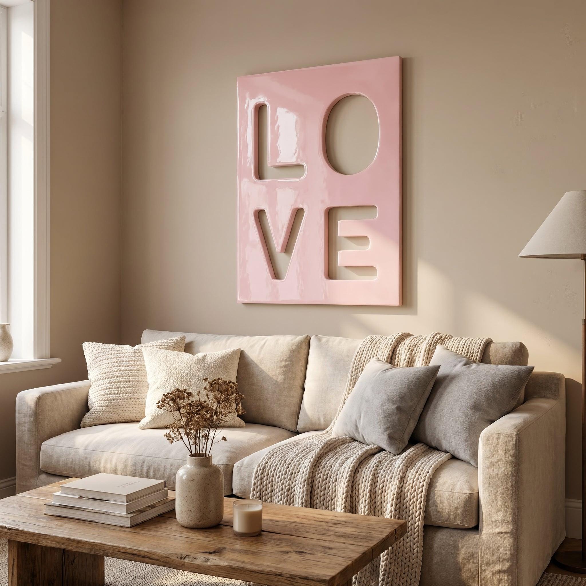 A square wall art piece in light pink featuring the word LOVE cut out in a block letter style. The artwork is displayed on a beige wall above a beige sofa with several throw pillows, a knit blanket, and a wooden coffee table.