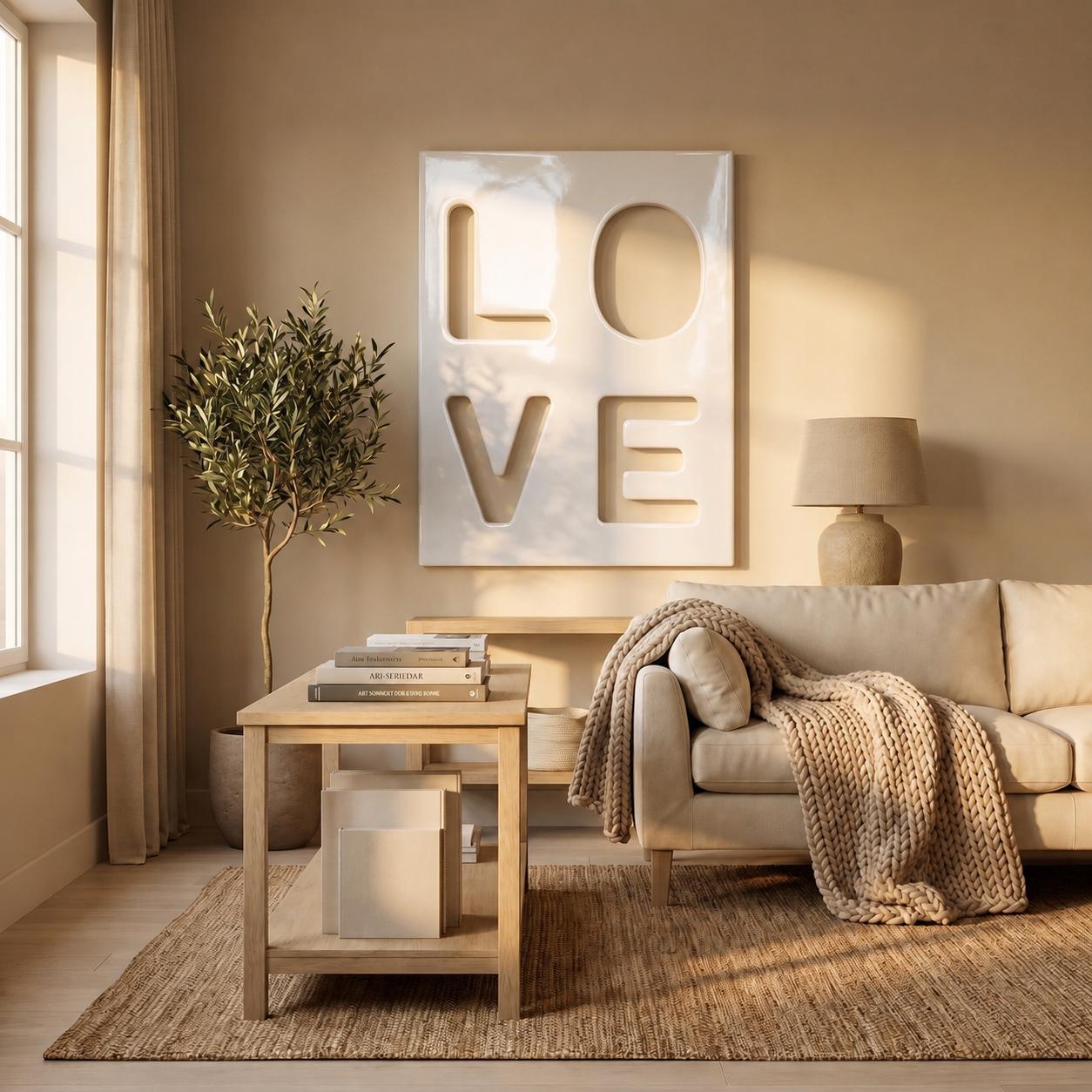 A large rectangular white wall art piece featuring the word LOVE in bold, recessed cut-out lettering. The artwork is displayed above a beige sofa with a chunky knit throw blanket, a wooden coffee table, and a potted olive tree.