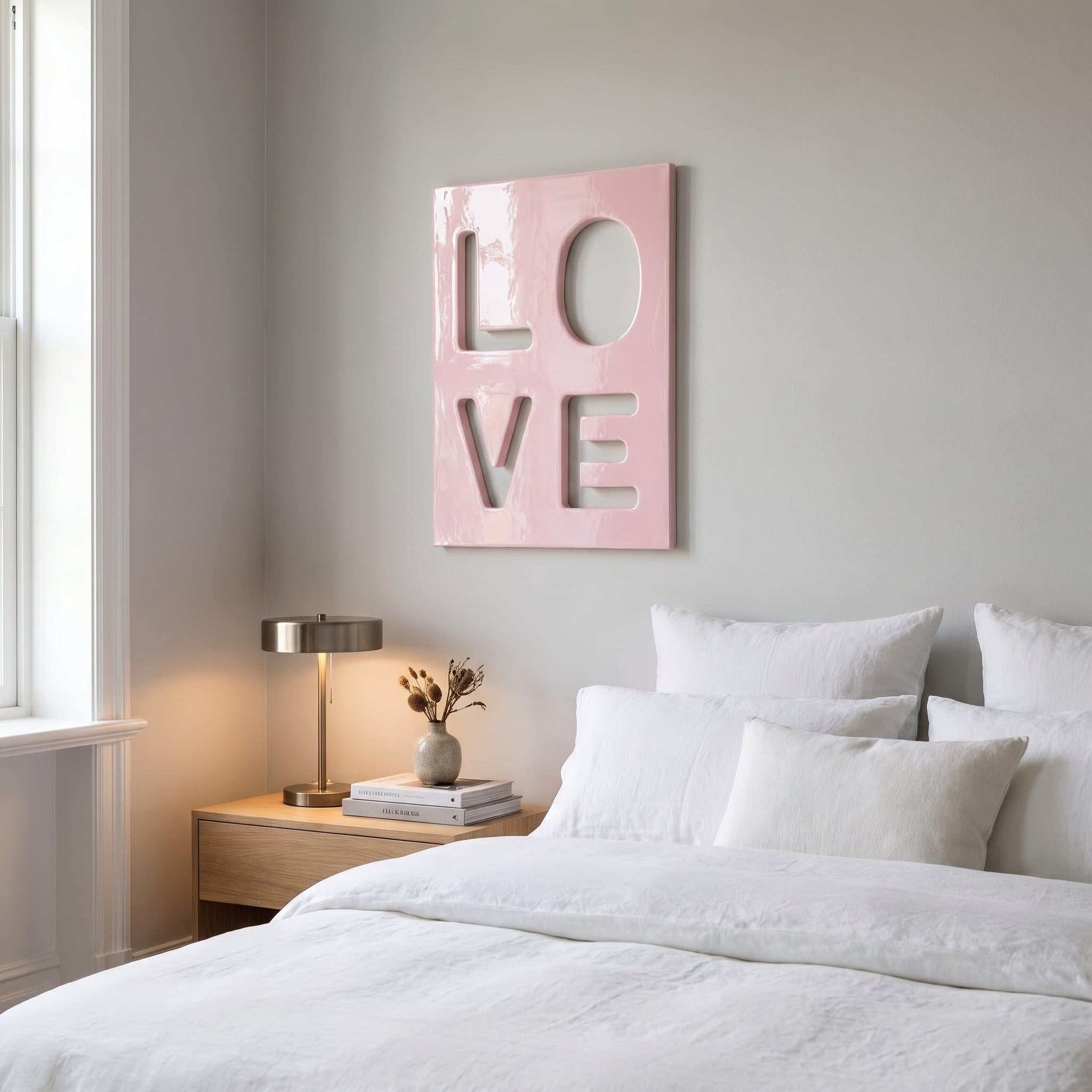 A square, glossy, light pink wall art piece featuring the word LOVE cut out in a stacked two-by-two grid format. The letters are arranged with L and O on the top row and V and E on the bottom row, creating a bold, modern visual statement.