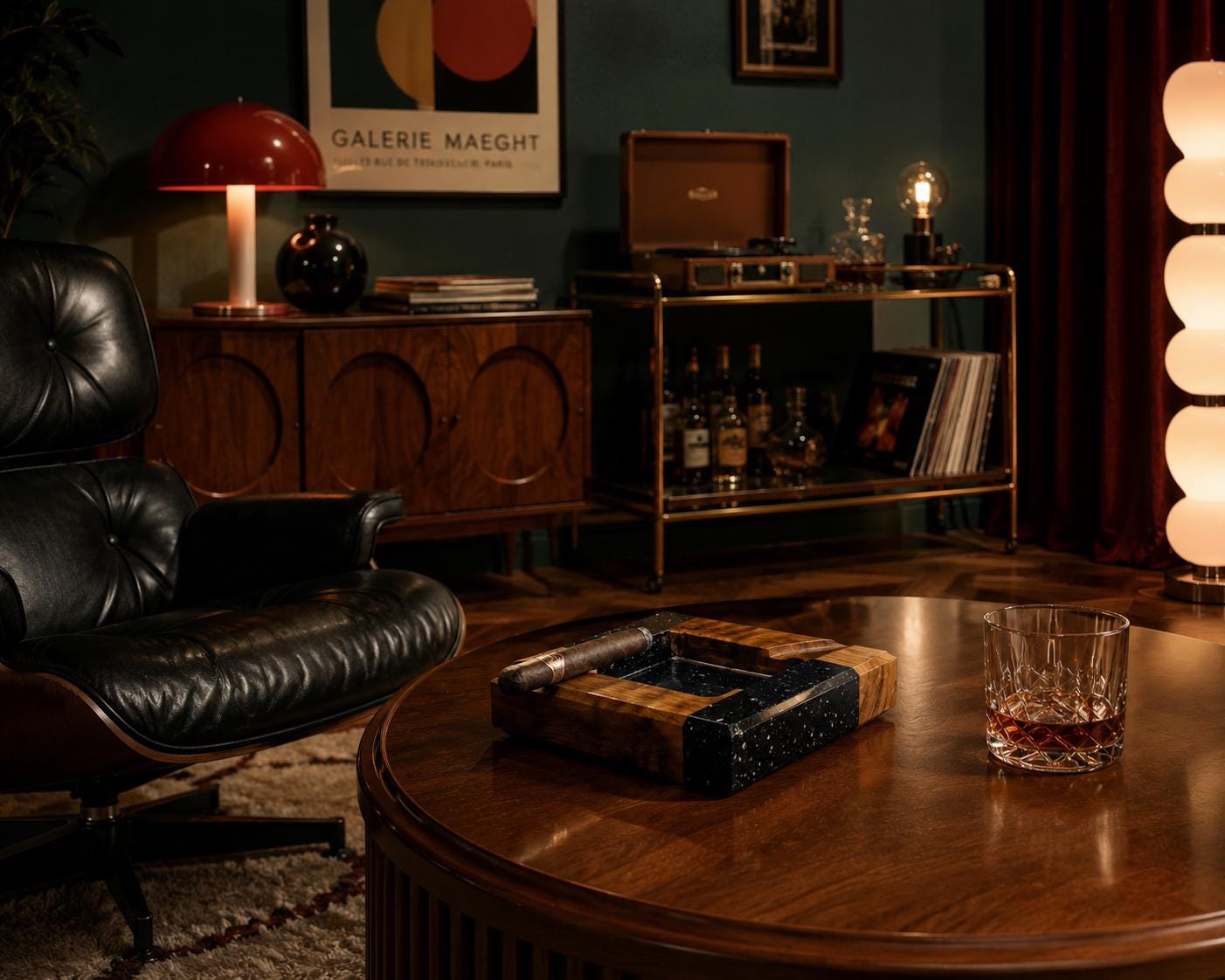 A square wooden ashtray with a dark, speckled resin inlay sits on a round wooden coffee table next to a crystal glass containing an amber liquid. A dark cigar rests across the ashtray, which features a natural wood grain finish.