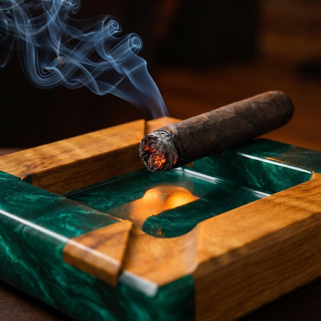 A square ashtray constructed from natural wood and deep green resin, featuring a lit cigar resting on its edge. The cigar end glows with orange embers, and a thin trail of grey smoke rises into the air above the polished surface.