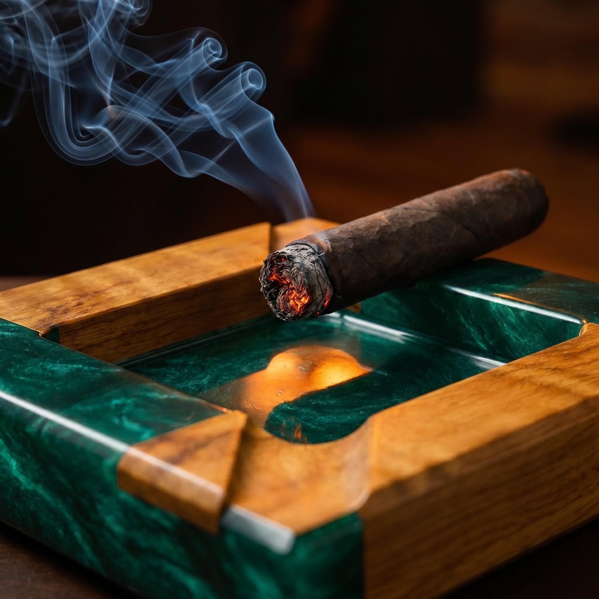 A square ashtray constructed from natural wood and deep green resin, featuring a lit cigar resting on its edge. The cigar end glows with orange embers, and a thin trail of grey smoke rises into the air above the polished surface.
