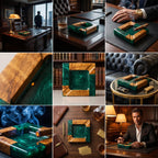 A square cigar ashtray featuring a combination of natural light brown wood grain and a polished, swirling emerald green resin center. The design includes four integrated notches for resting cigars on the corners of the square frame.