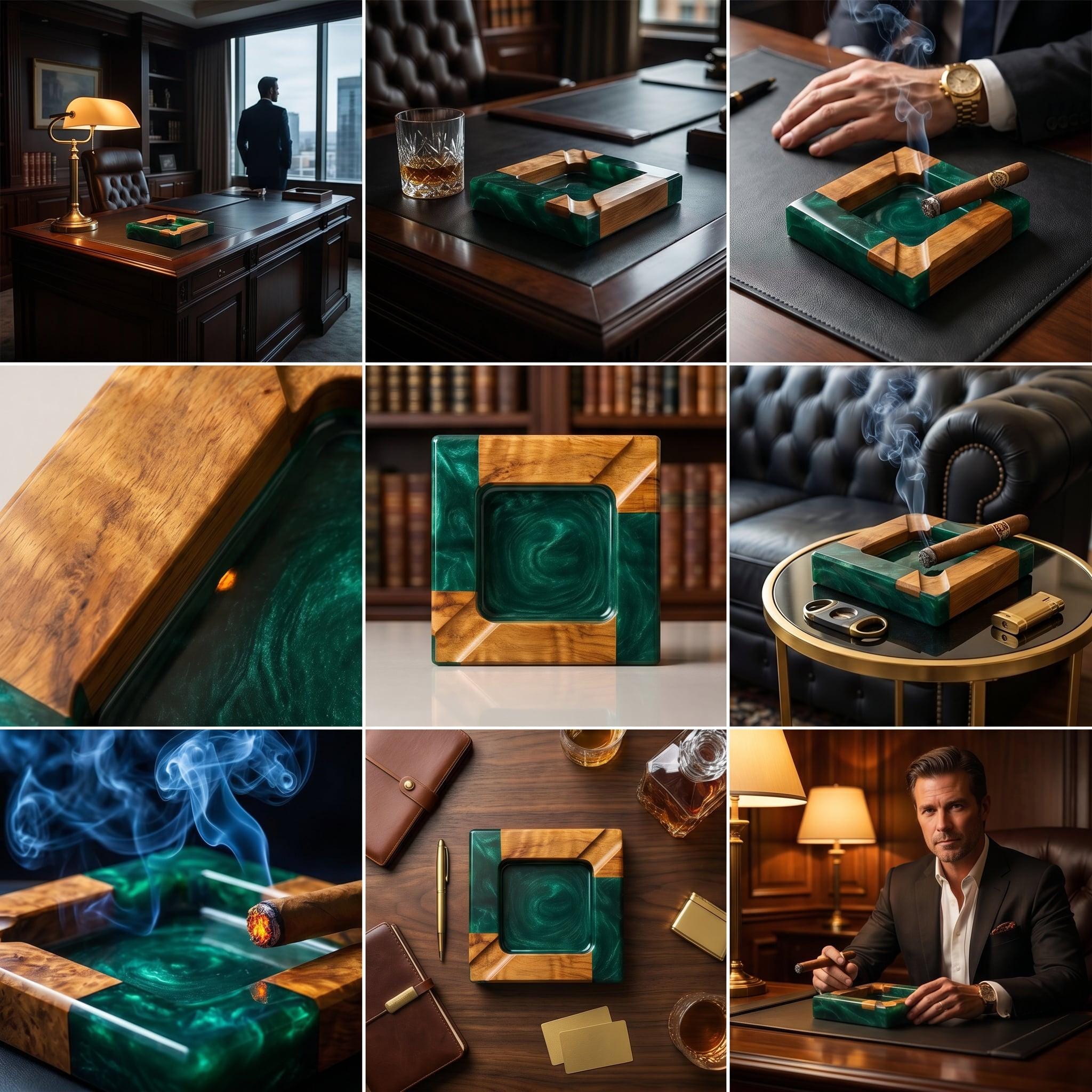 A square cigar ashtray featuring a combination of natural light brown wood grain and a polished, swirling emerald green resin center. The design includes four integrated notches for resting cigars on the corners of the square frame.