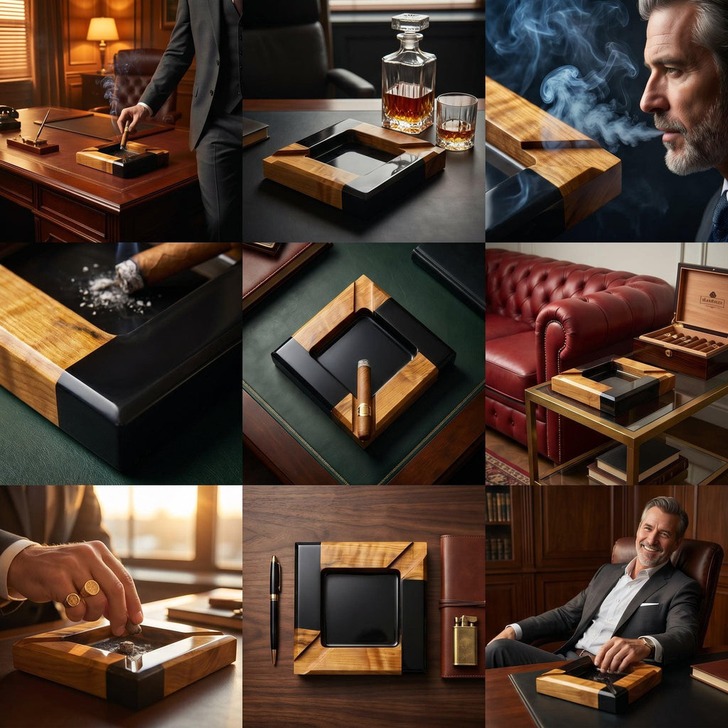 A square cigar ashtray featuring a combination of natural wood grain and smooth black accents. The design includes a central square basin for ash and integrated grooves on the corners to hold a cigar securely in place.