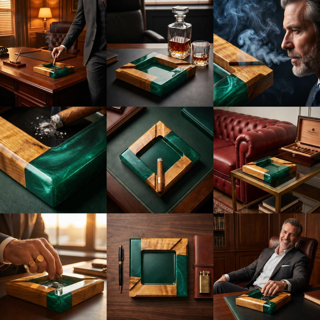 A square ashtray crafted from natural wood and translucent emerald green resin. The design features a central square basin for ash and four integrated notches for resting cigars. The wood grain is visible throughout the frame.