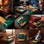 A square ashtray crafted from natural wood and translucent emerald green resin. The design features a central square basin for ash and four integrated notches for resting cigars. The wood grain is visible throughout the frame.
