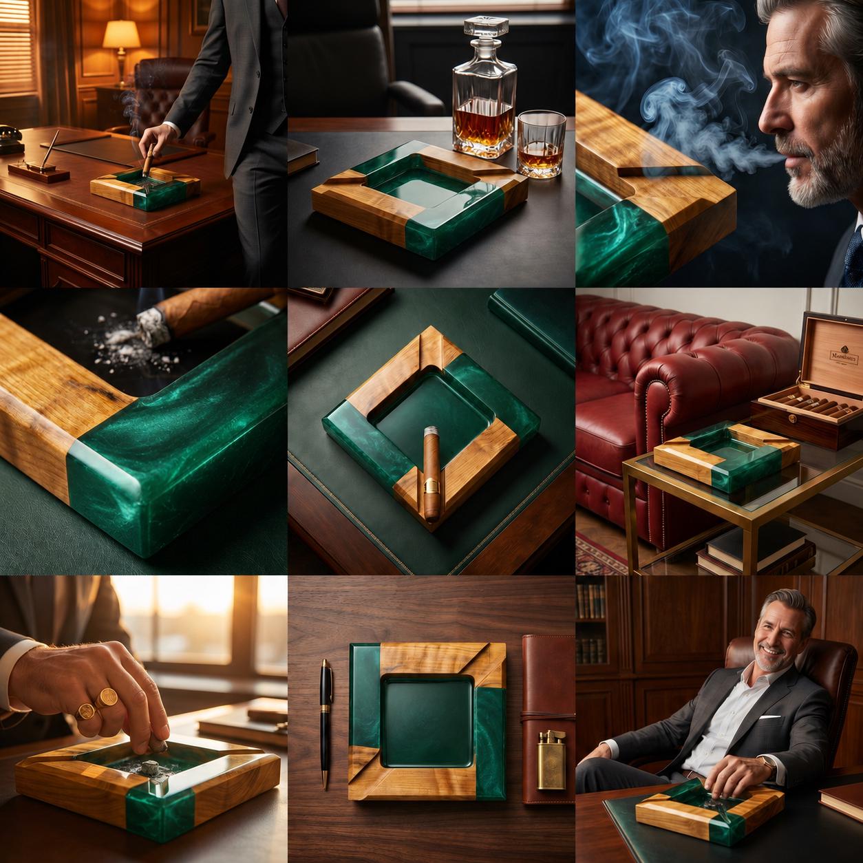 A square ashtray crafted from natural wood and translucent emerald green resin. The design features a central square basin for ash and four integrated notches for resting cigars. The wood grain is visible throughout the frame.