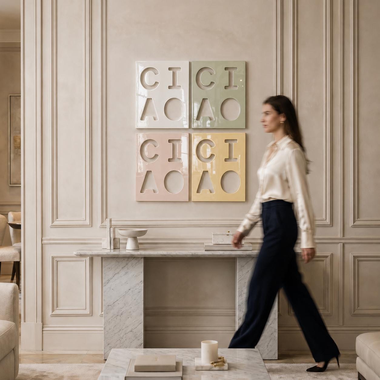 A set of four square wall art panels arranged in a grid, each featuring the cutout letters C, I, C, and O. The panels are colored in white, light green, soft pink, and pale yellow, with a glossy finish and clean, geometric typography.
