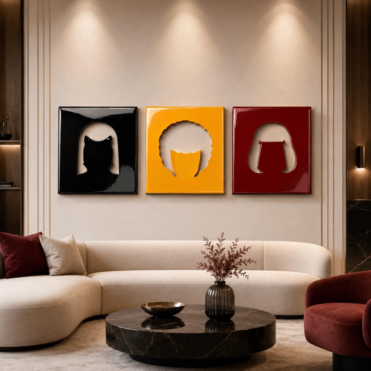 Three square wall art panels featuring glossy cutouts of stylized hair silhouettes. The left panel is black, the center panel is yellow, and the right panel is deep red. Each piece displays a distinct hairstyle shape against a solid background.