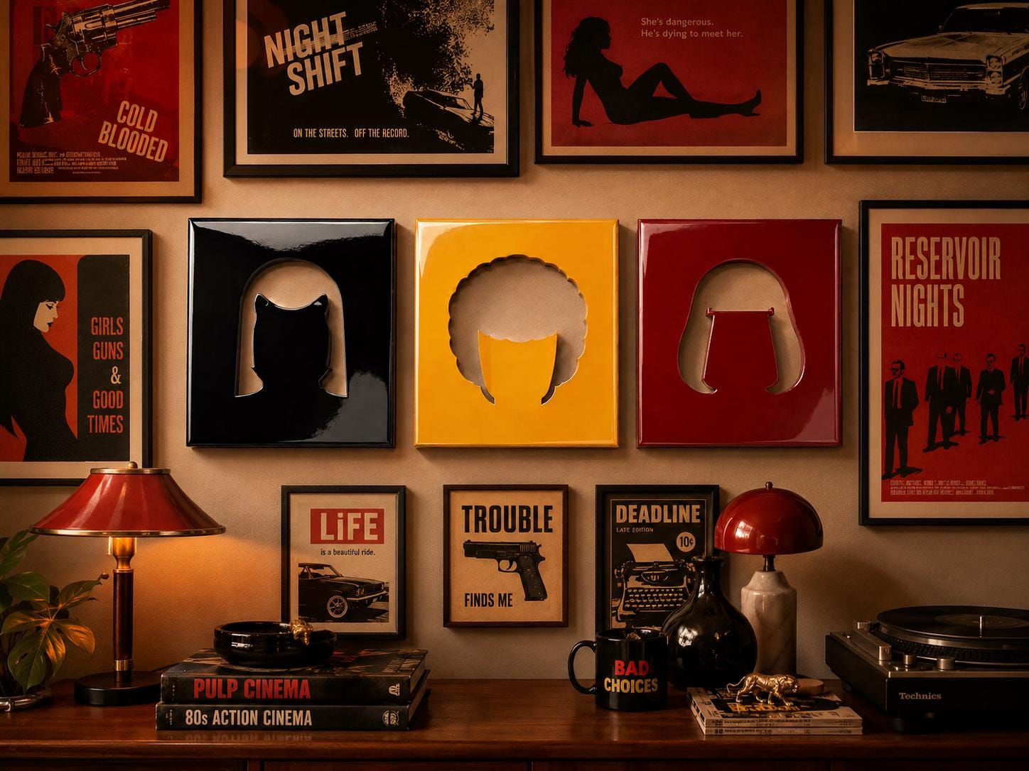 Three square wall art panels in black, yellow, and red, each featuring a central cutout silhouette of a distinct hairstyle. These glossy panels are displayed on a wall surrounded by various framed movie-style posters and decor.