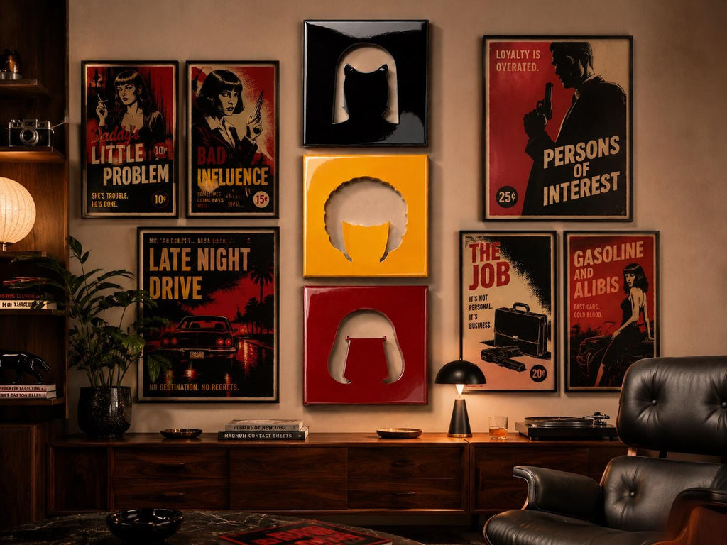 A collection of wall art featuring five rectangular posters with red, black, and white graphics and text, alongside three square panels in black, yellow, and red with central cutouts depicting stylized hair silhouettes.
