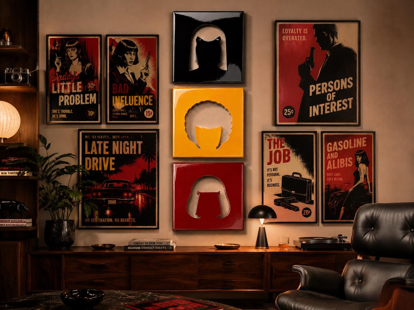 A collection of wall art featuring five rectangular posters with red, black, and white graphics and text, alongside three square panels in black, yellow, and red with central cutouts depicting stylized hair silhouettes.