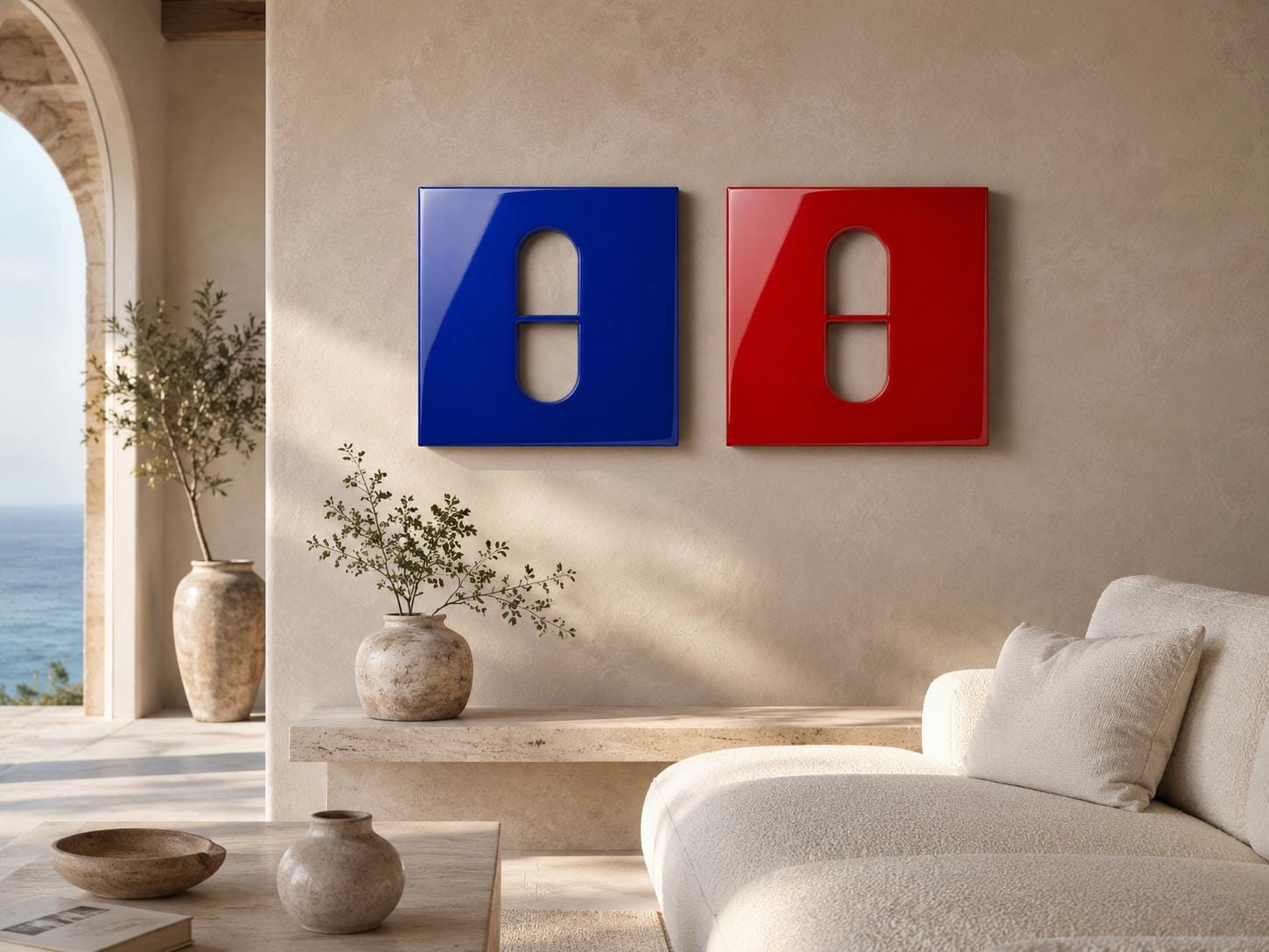 Two square wall art panels, one in a glossy deep blue and the other in a glossy vibrant red, each featuring a centered vertical pill-shaped cutout with a horizontal line dividing the middle, creating a clean and geometric aesthetic.