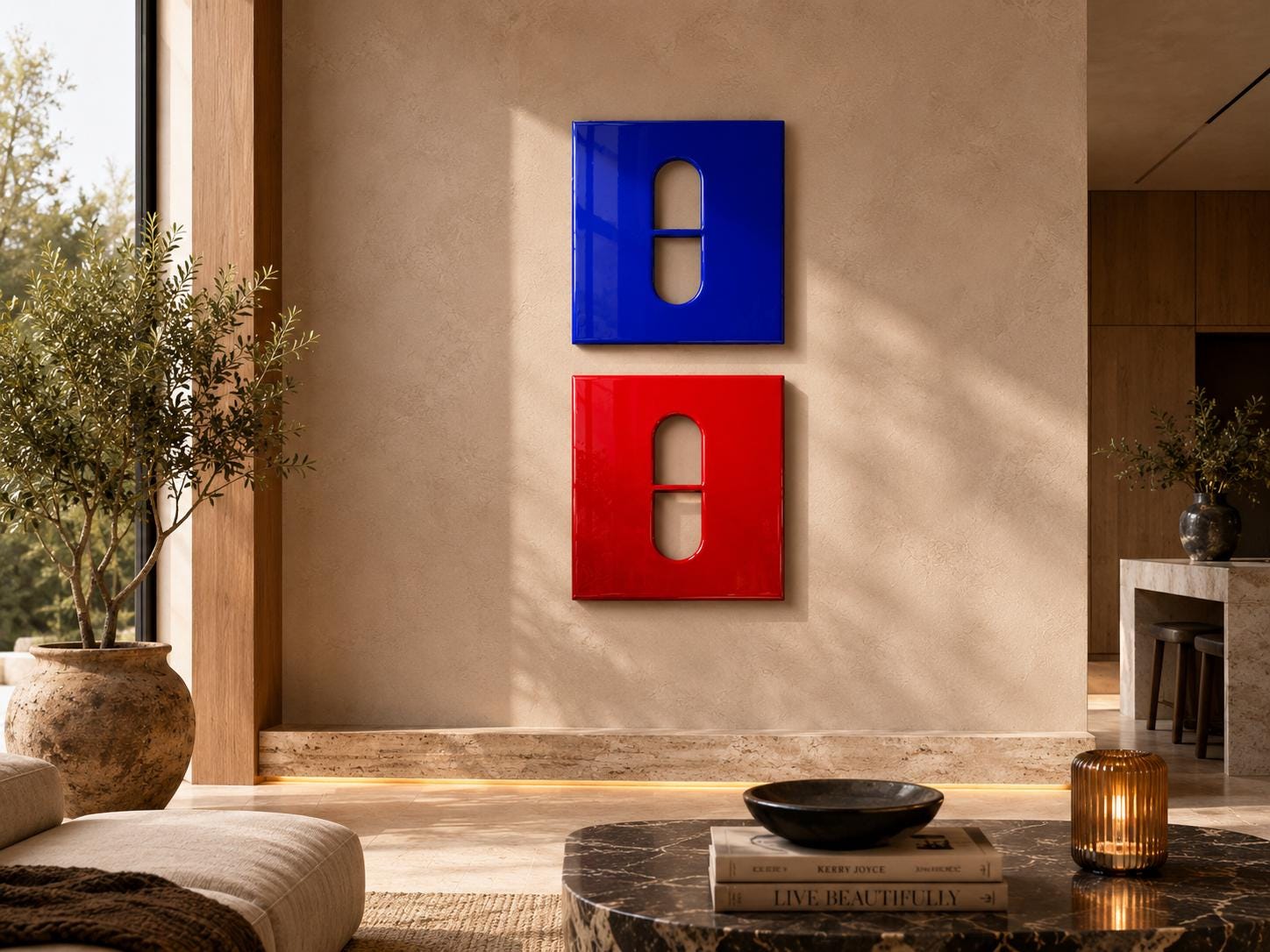 Two square wall art pieces, one blue and one red, each featuring a central vertical pill-shaped cutout. The glossy panels are mounted vertically on a neutral wall, creating a bold contrast between the primary colors and the cutout shapes.