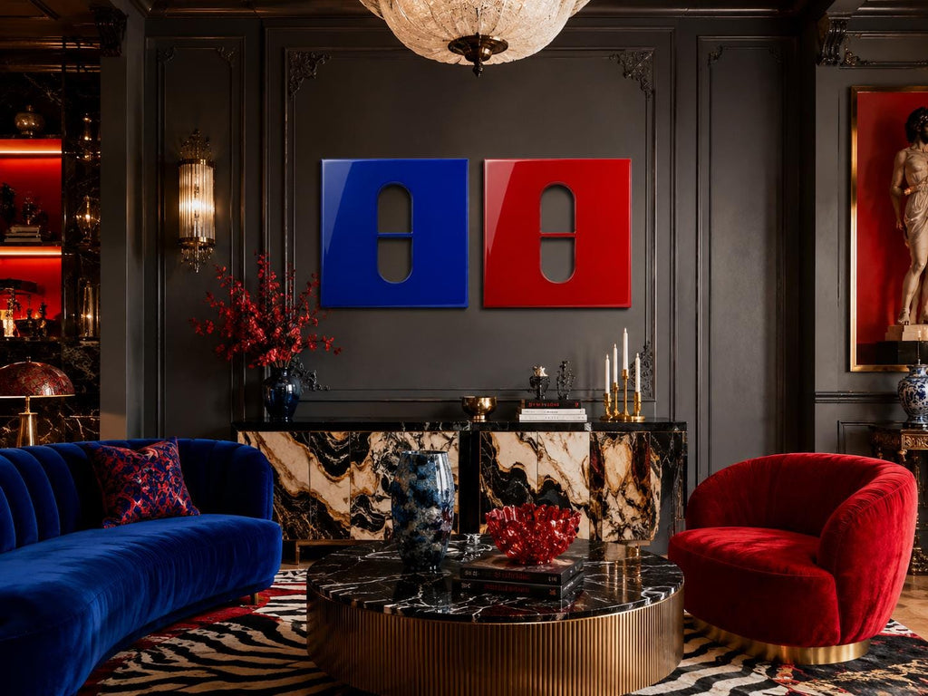 Two square wall art panels, one in deep blue and one in vibrant red, each featuring a central vertical pill-shaped cutout. The panels are mounted side-by-side on a dark wall, creating a bold contrast between the primary colors.