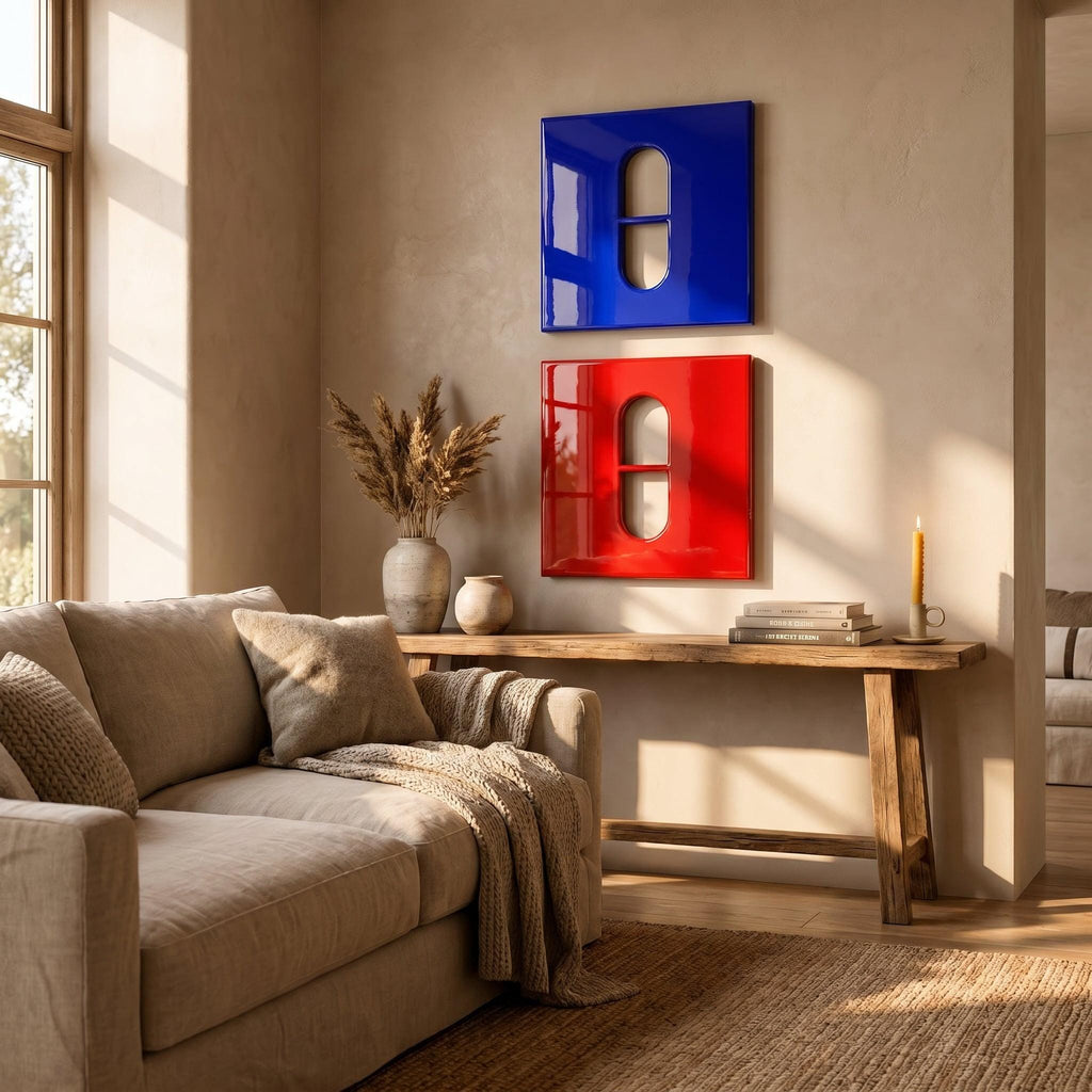 Two square wall art pieces, one glossy blue and one glossy red, each featuring a central vertical pill-shaped cutout. The blue piece is mounted directly above the red piece on a neutral wall, creating a bold, modern visual contrast.