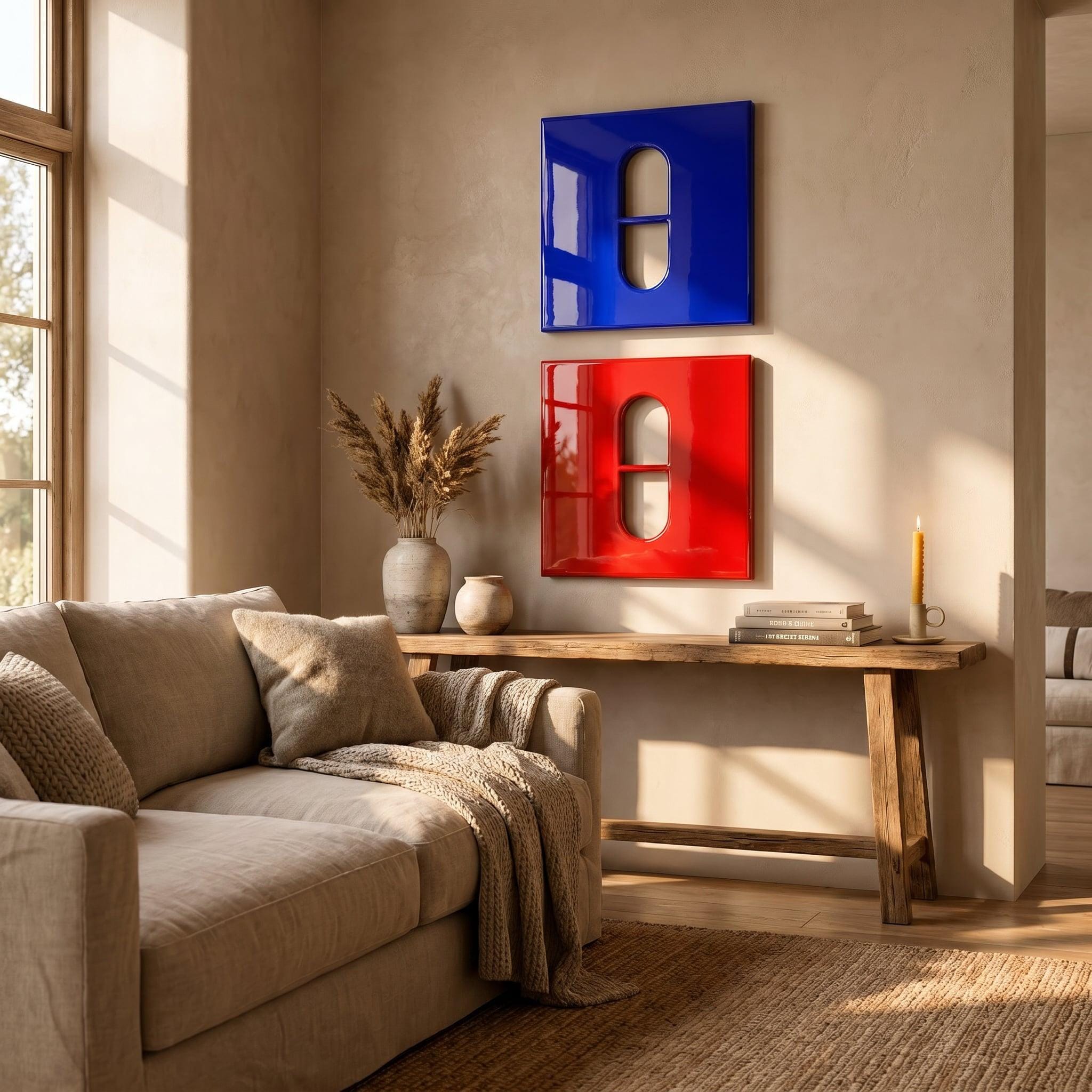 Two square wall art pieces, one glossy blue and one glossy red, each featuring a central vertical pill-shaped cutout. The blue piece is mounted directly above the red piece on a neutral wall, creating a bold, modern visual contrast.