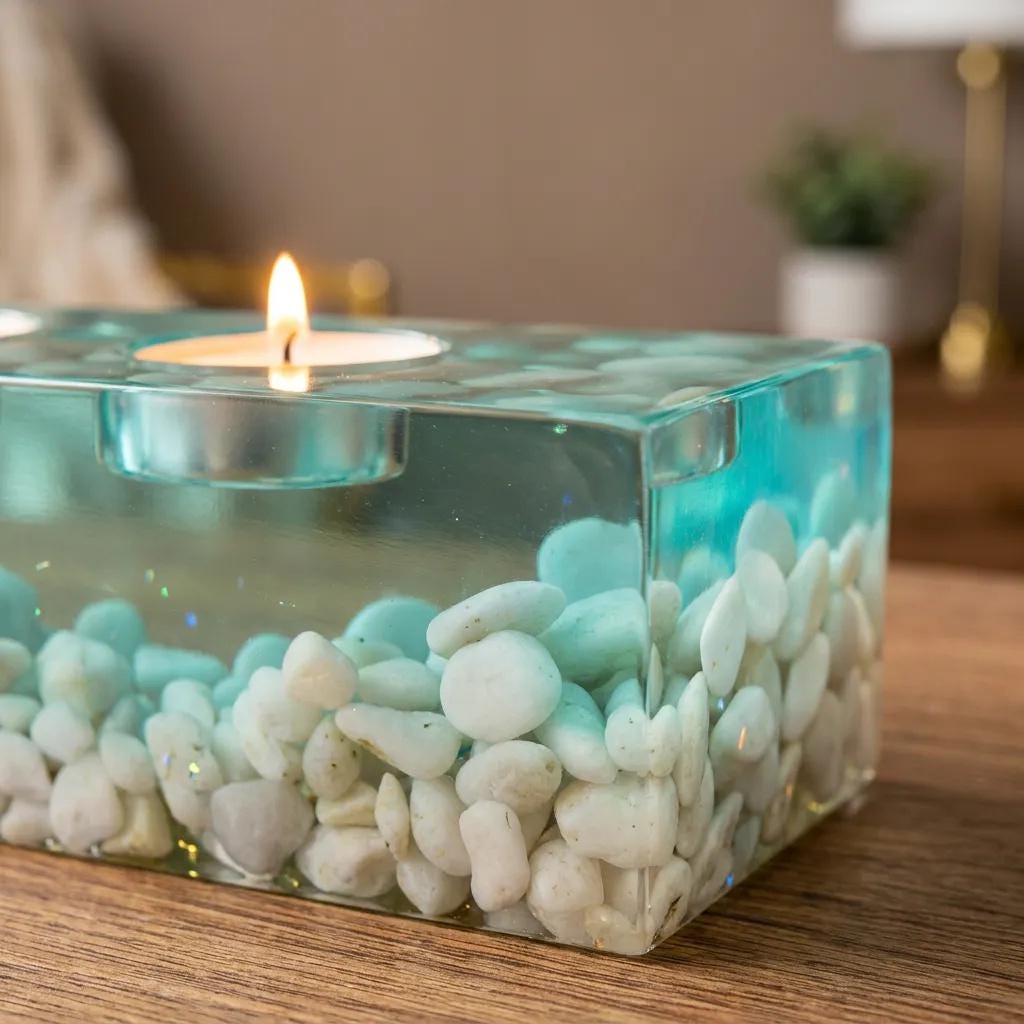 A rectangular clear resin candle holder containing numerous smooth white river stones at the base. The top surface features a circular cutout holding a lit tea light candle with a visible flame, casting a warm glow over the stones.
