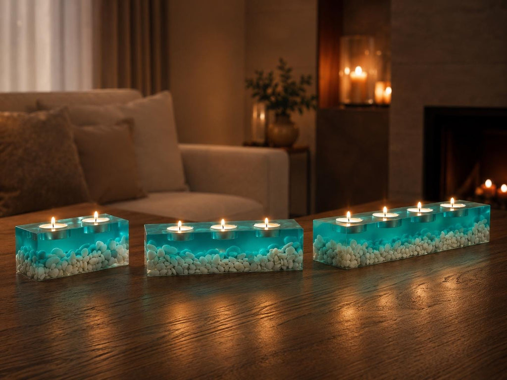 Resin Tealight Candle Holder, Transparent Epoxy Candle Centerpiece, Ocean Pebble Candle Holder, Coastal Coffee Table Decor