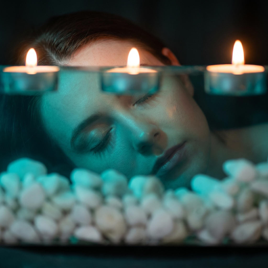 Three small round tea light candles with glowing orange flames are positioned in a horizontal row above a pile of smooth white river stones. The scene is illuminated by a cool teal light, casting soft shadows across the composition.