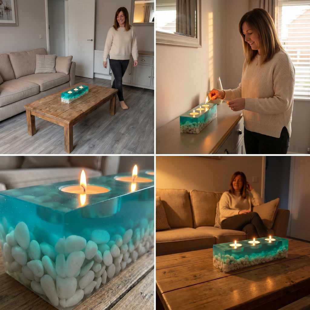 A rectangular teal resin candle holder featuring embedded white river stones at the base. The clear, translucent top section contains three circular cutouts designed to hold tea light candles, creating a coastal aesthetic.