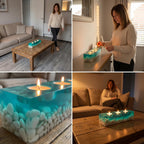A rectangular teal resin candle holder featuring embedded white river stones at the base. The clear, translucent top section contains three circular cutouts designed to hold tea light candles, creating a coastal aesthetic.