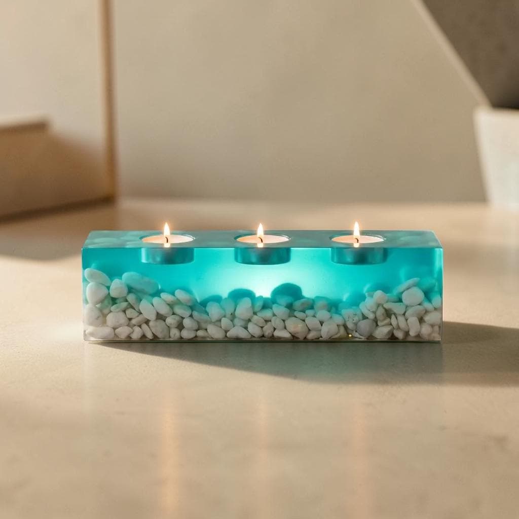 A rectangular teal resin candle holder featuring three lit tea light candles embedded in the top. The base of the holder is filled with numerous small, smooth white stones encased within the translucent teal material.