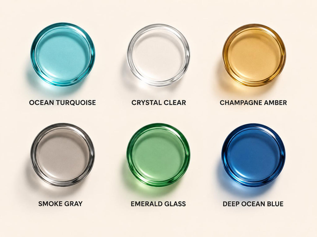 Six circular glass objects arranged in two rows. Colors include Ocean Turquoise, Crystal Clear, Champagne Amber, Smoke Gray, Emerald Glass, and Deep Ocean Blue. Each item is labeled with its respective color name below the object.