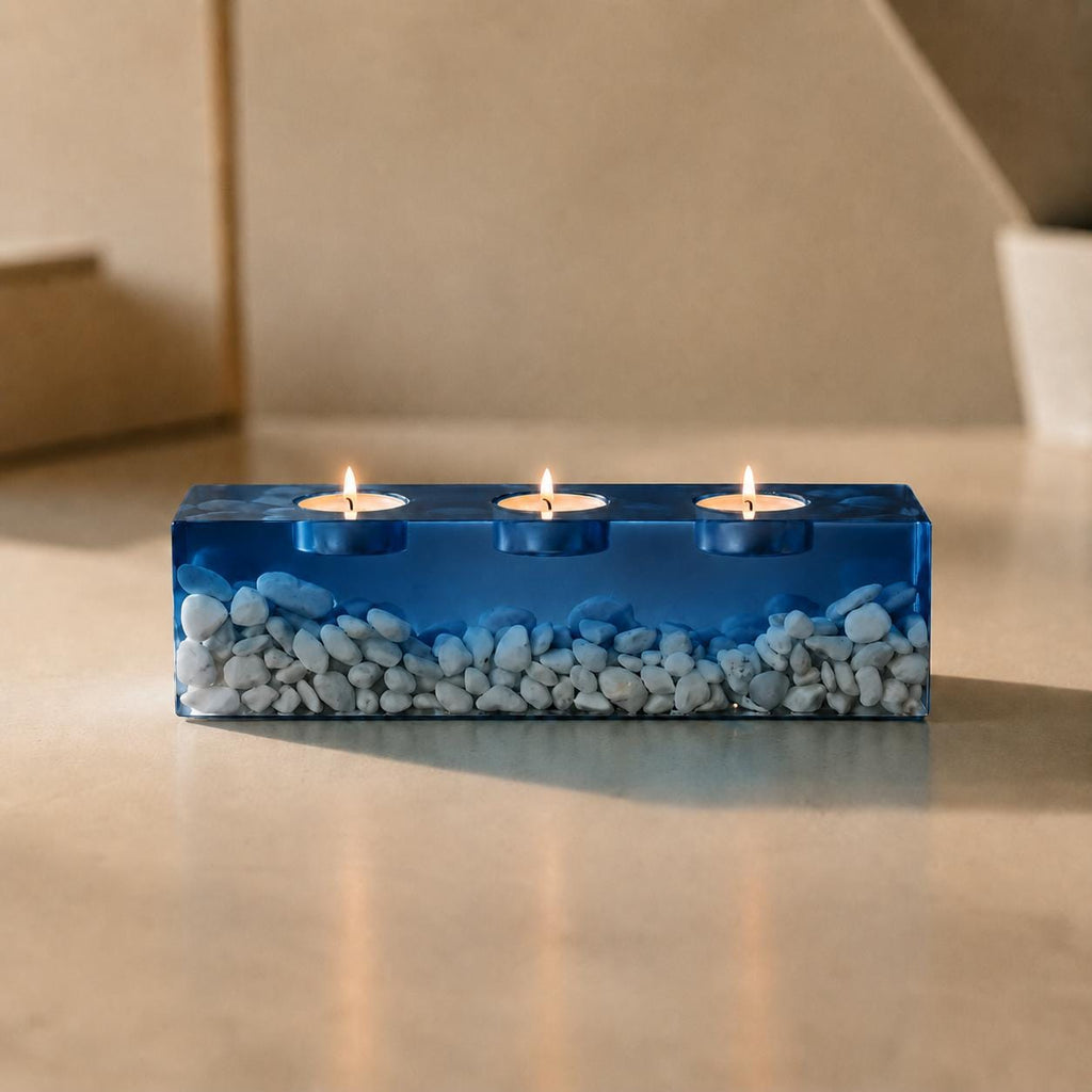 Resin Tealight Candle Holder, Transparent Epoxy Candle Centerpiece, Ocean Pebble Candle Holder, Coastal Coffee Table Decor