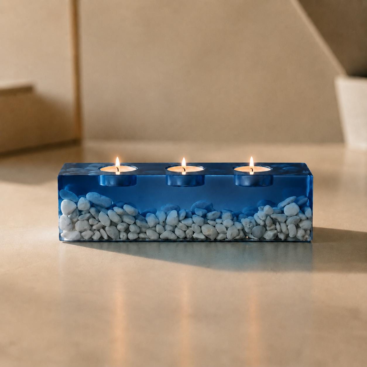 Resin Tealight Candle Holder, Transparent Epoxy Candle Centerpiece, Ocean Pebble Candle Holder, Coastal Coffee Table Decor