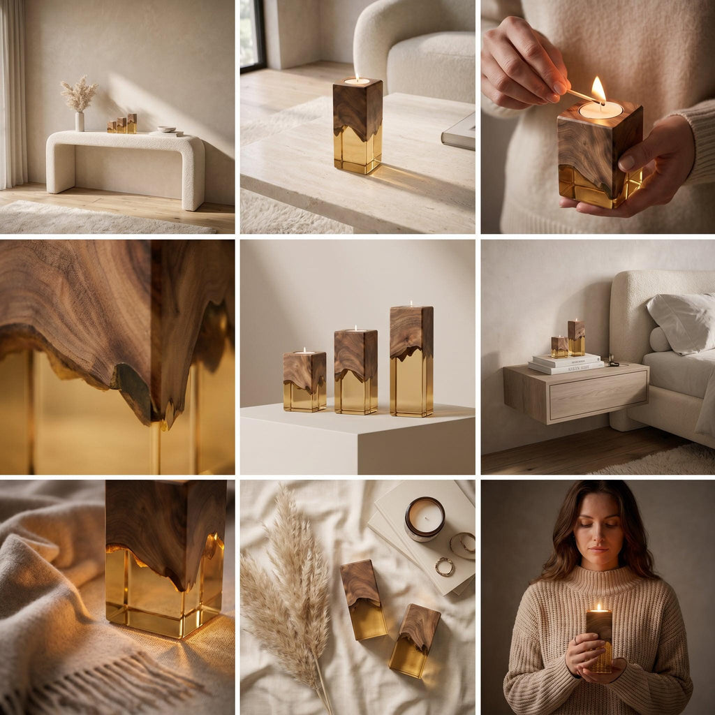 A set of square candle holders featuring a natural dark wood top section with a live edge transition into a translucent amber-colored resin base. The holders are designed to accommodate tea light candles within the top wooden portion.