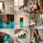 A rectangular candle holder crafted from a combination of natural dark brown wood and translucent teal resin. The top section features the organic grain of the wood, while the base is made of clear, vibrant teal-colored resin.
