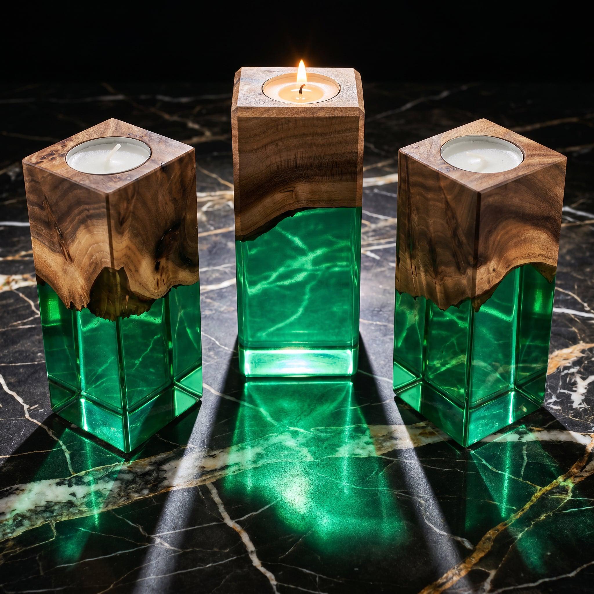 Three rectangular candle holders made of natural wood and translucent green resin. Each holder features a dark wood top with a live edge transition into a clear green base, with a circular white tea light candle inserted at the top.
