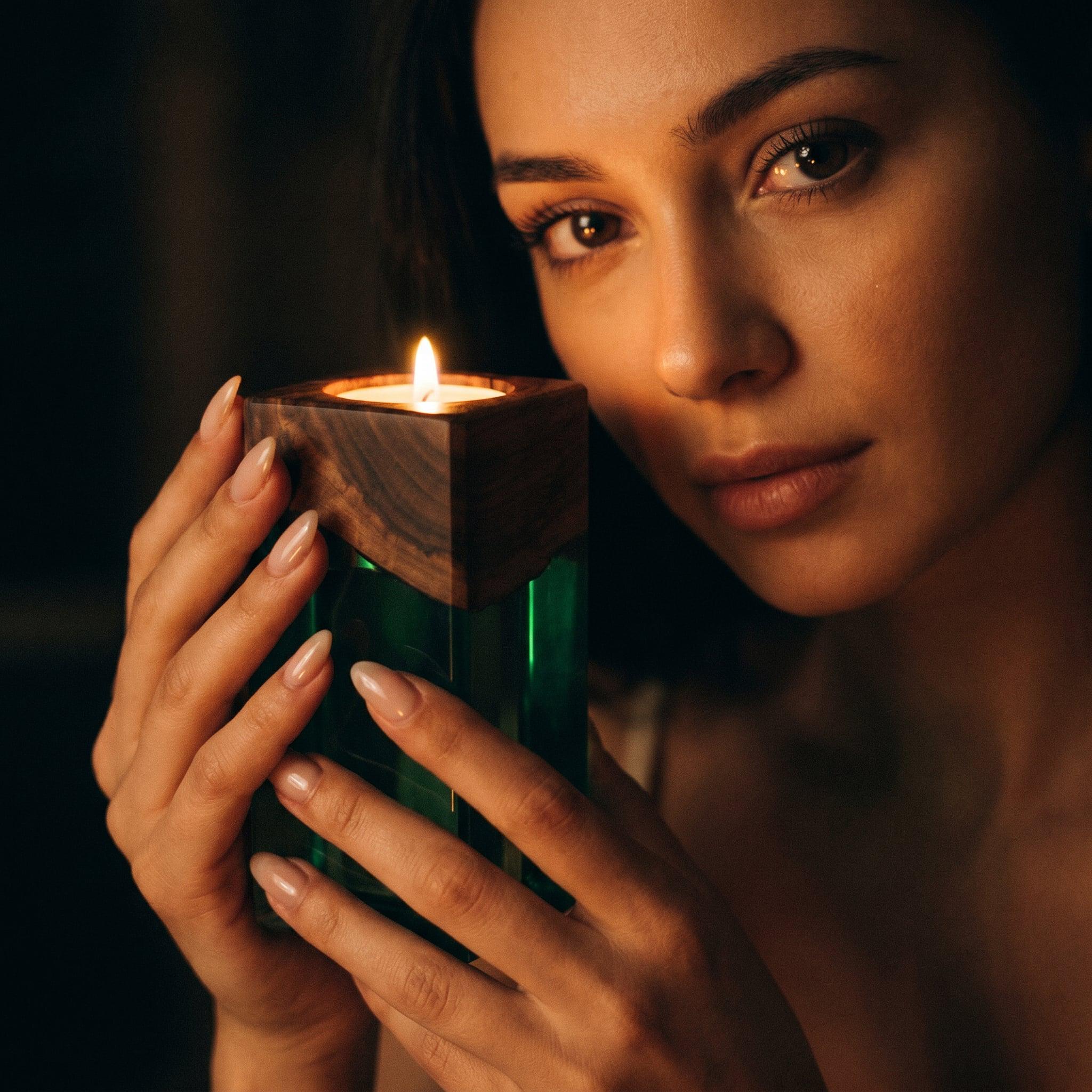 A rectangular candle holder featuring a dark brown natural wood top section and a translucent emerald green resin base. A small lit tea light candle sits in the center of the wooden top, casting a warm glow on the surrounding surfaces.