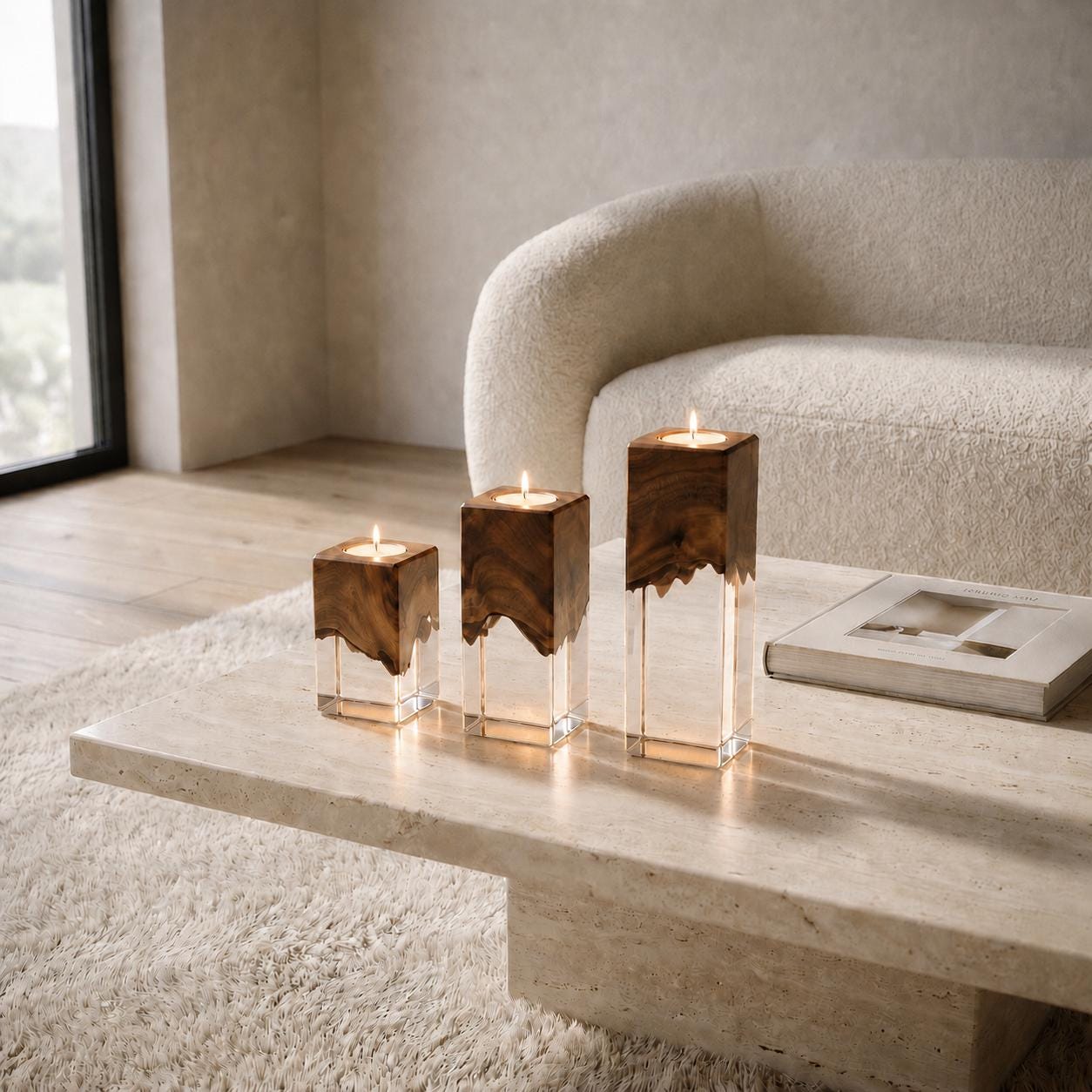 Three square candle holders of varying heights, each featuring a dark brown natural wood top section fused with a clear, transparent acrylic base. Each holder contains a small, lit tea light candle with a visible flame.
