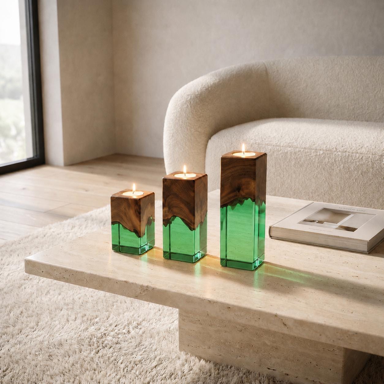 Three square candle holders of varying heights, each featuring a natural dark brown wood top section and a translucent emerald green resin base. Each holder contains a lit tea light candle, creating a warm glow from the top.