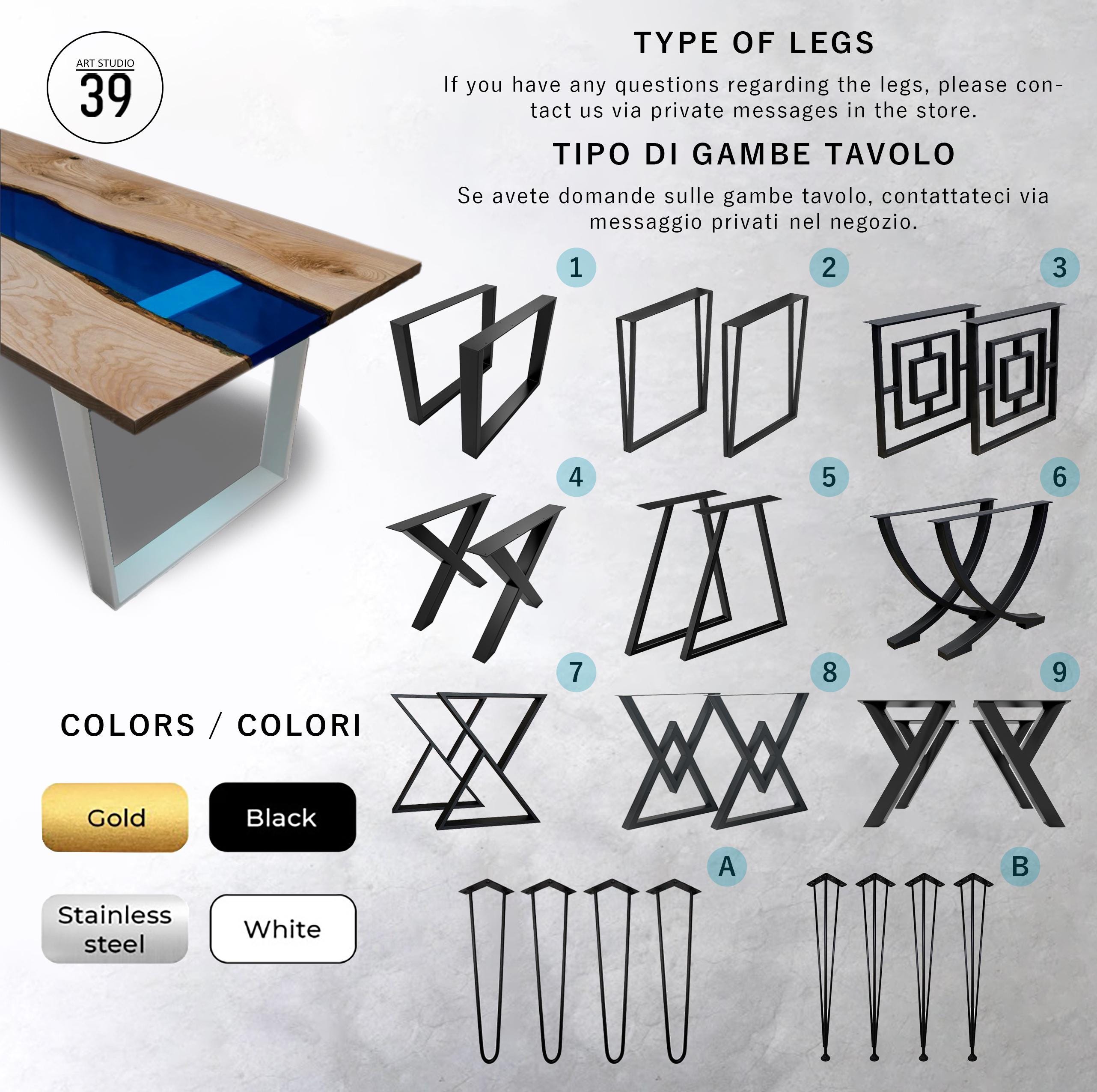 A table leg selection guide featuring a wooden table with a blue resin inlay. The image displays nine numbered black metal leg designs, two hairpin leg styles labeled A and B, and four color swatches: gold, black, stainless steel, and white.