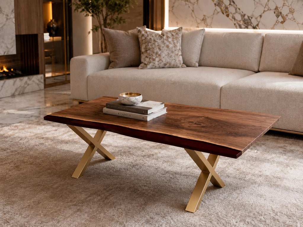 A rectangular coffee table featuring a dark brown natural live edge wood slab top with a visible grain pattern. The table is supported by two intersecting gold-toned metal legs arranged in an X-shape design, providing a stable base.