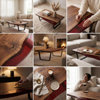 A rectangular coffee table featuring a natural live-edge walnut wood surface with a deep red resin inlay running through the center, supported by a black metal frame with angled legs that provide a stable and sturdy base for the table.