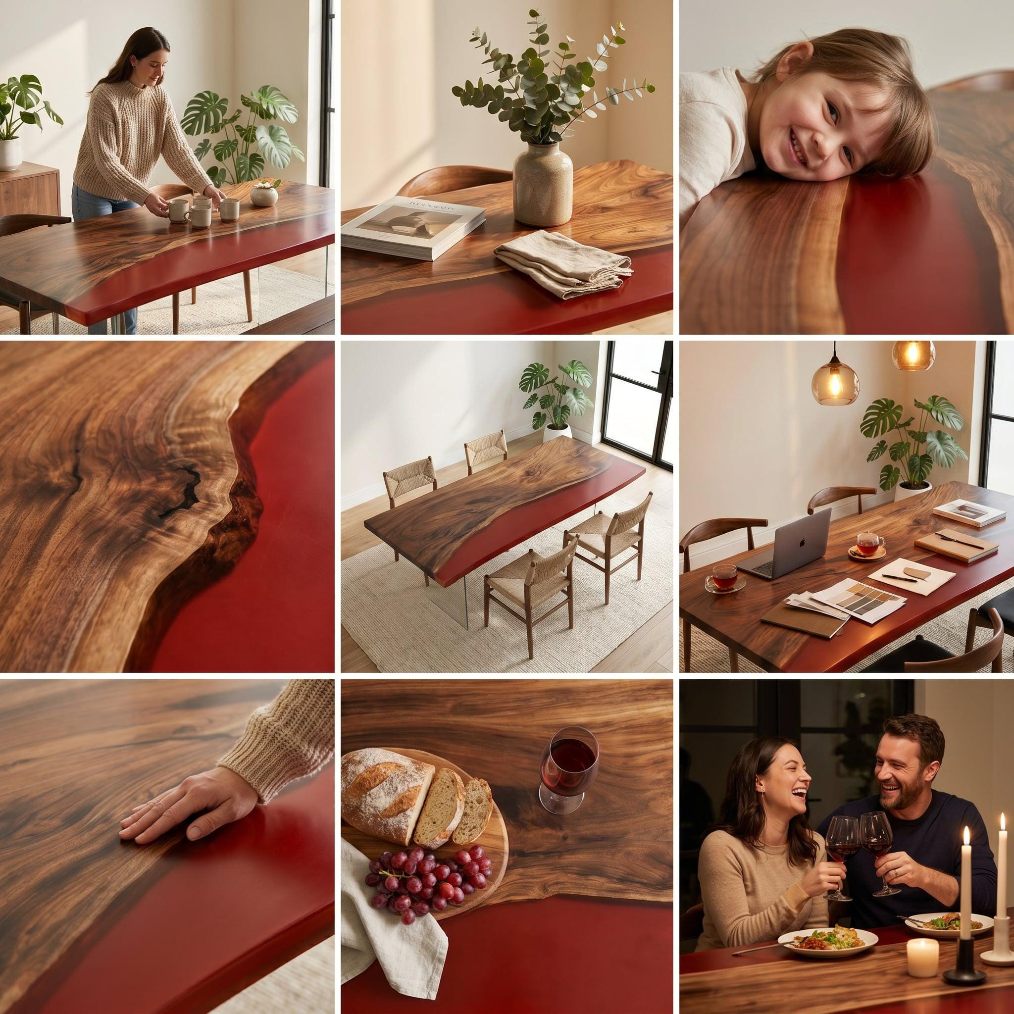 A rectangular dining table featuring a live edge walnut wood slab with a deep red resin river inlay running through the center, supported by clear acrylic legs, showcasing natural wood grain patterns and a smooth, polished surface finish.