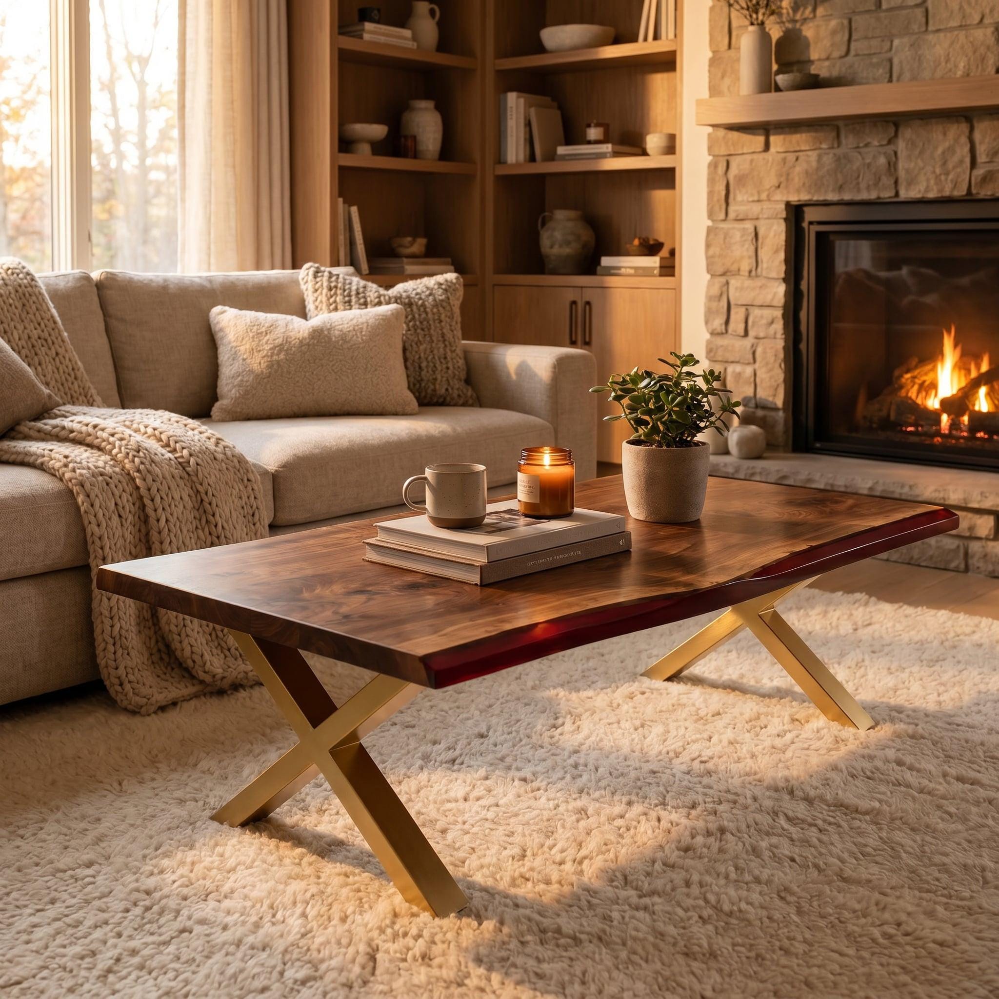 A rectangular coffee table with a dark brown live-edge wood top and a red resin inlay along one side. The table features a gold-colored metal X-shaped base and is positioned on a thick, cream-colored shag rug in a living room.