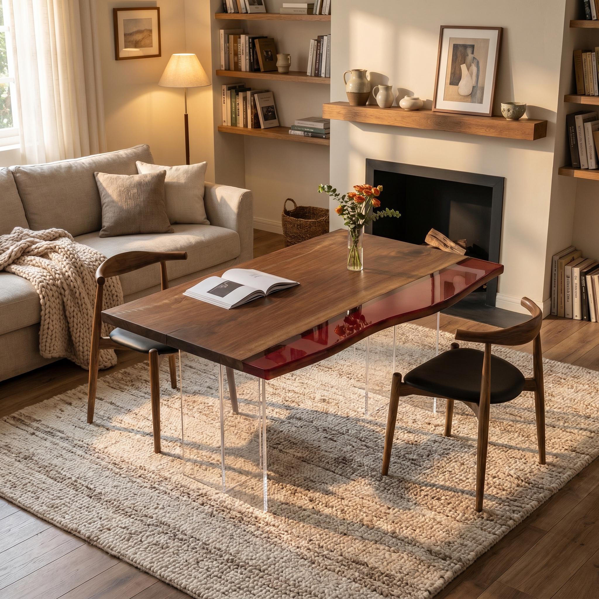 A rectangular dining table featuring a natural dark wood top with a live edge and a translucent red resin inlay, supported by four clear acrylic legs. Two wooden chairs with black upholstered seats are positioned at the table.